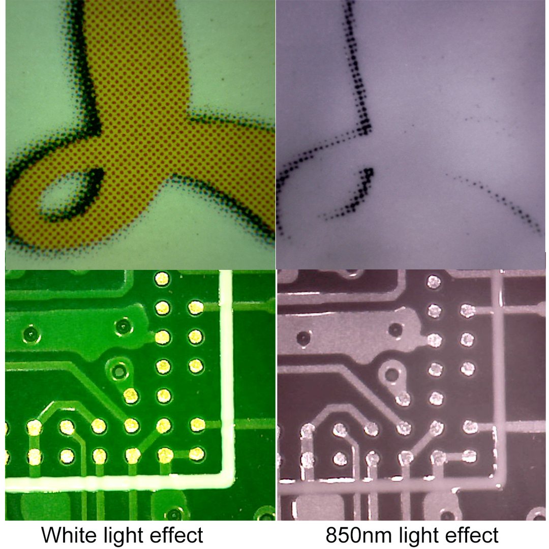 Banknote security print and PCB under white light versus 850nm infrared — hidden features revealed