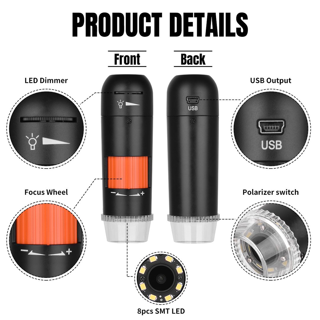 UB-DM023P front and back — LED dimmer, focus wheel, polarizer switch, 8 SMT LEDs, mini-USB output