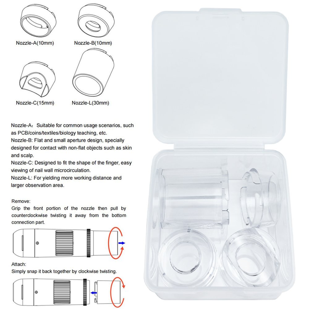 Four interchangeable nozzles (10 / 10 / 15 / 30 mm) for PCB, skin contact, nail wall and long working distance