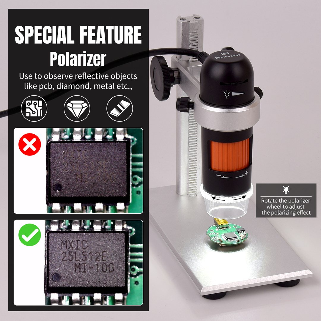 Polariser comparison on a PCB — glare removed, chip markings fully readable