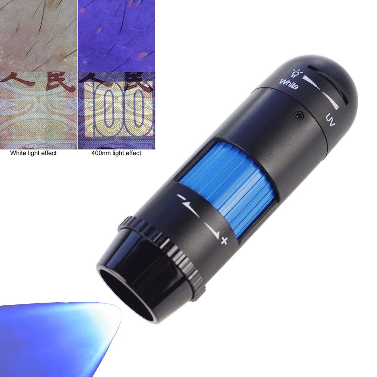 Handheld UB-DM023B projecting a 400nm ultraviolet beam