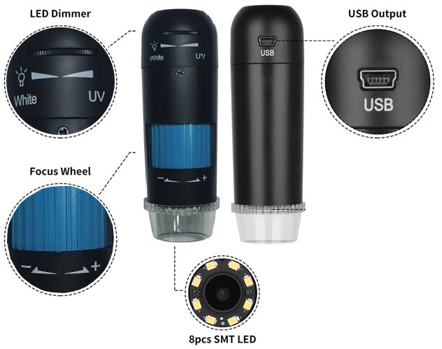 UB-DM023B callouts — LED dimmer with White/UV switch, focus wheel, USB output and 8 SMT LED ring