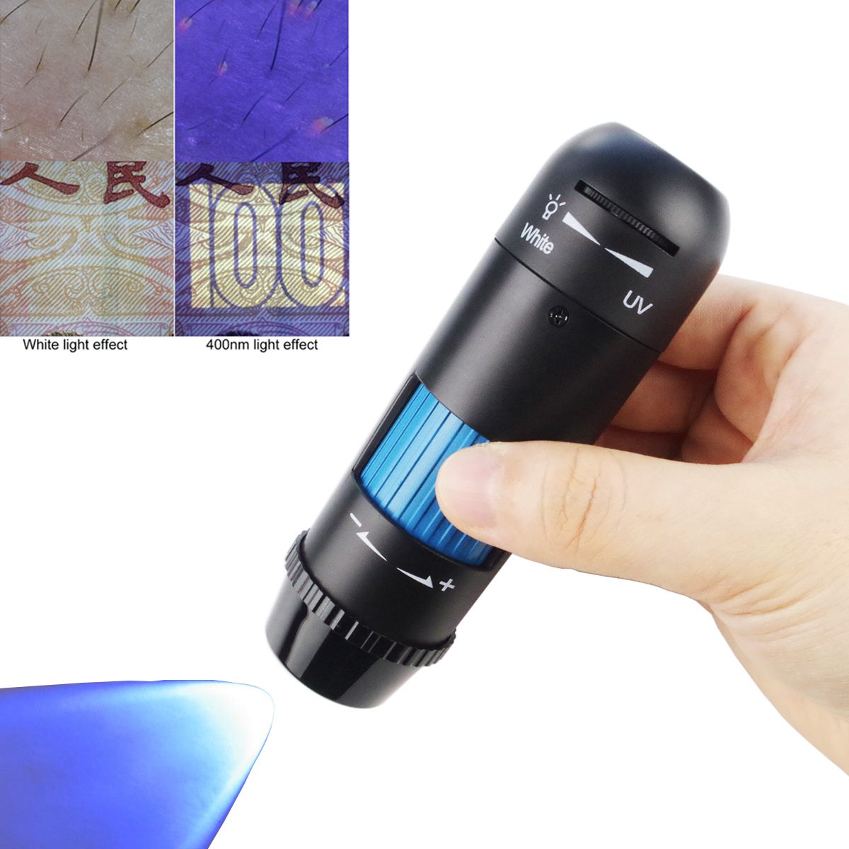 Skin and banknote under white light versus 400nm UV — fluorescence and subsurface contrast revealed