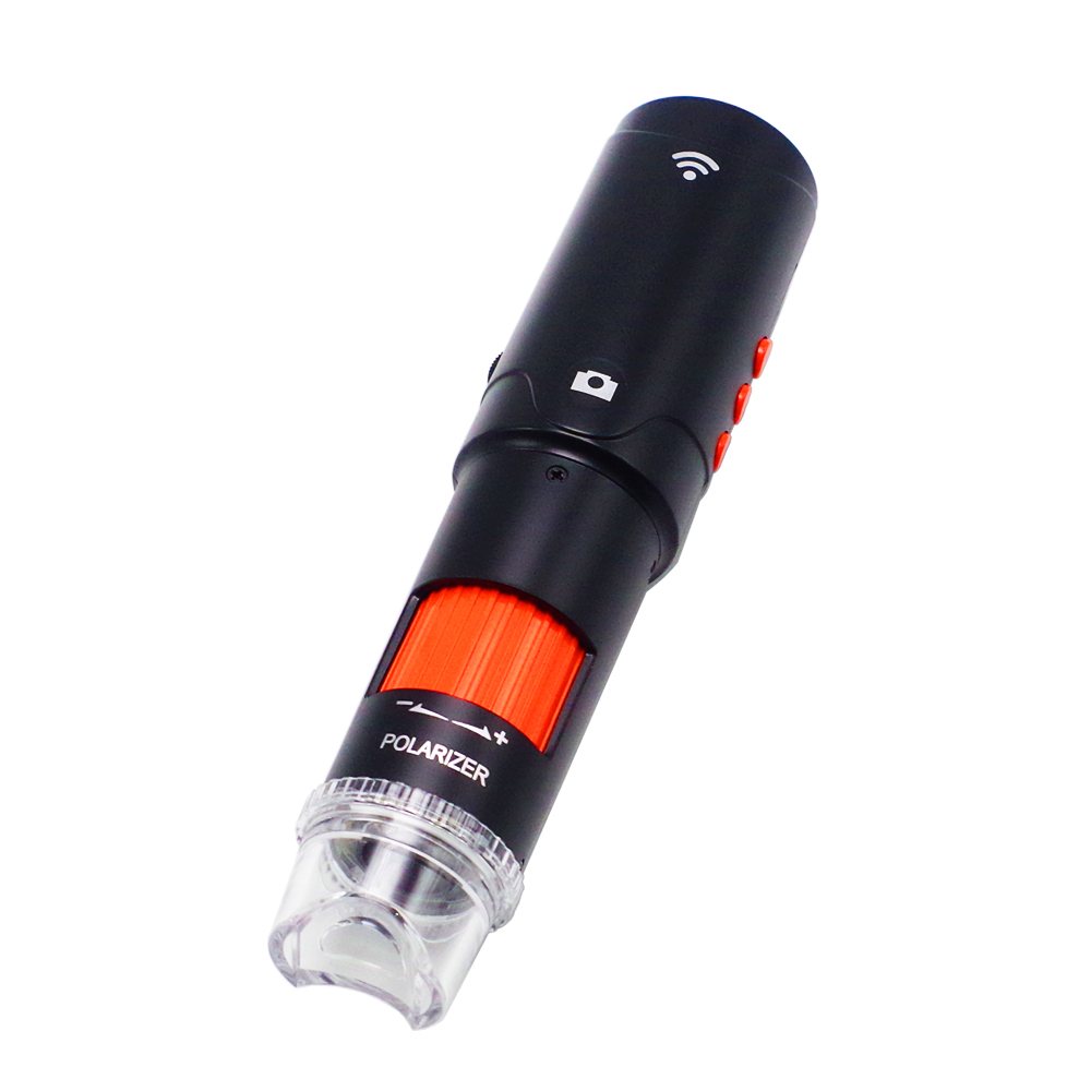 UB-DM023A close-up — orange focus wheel, polarizer marking and clear transparent nozzle